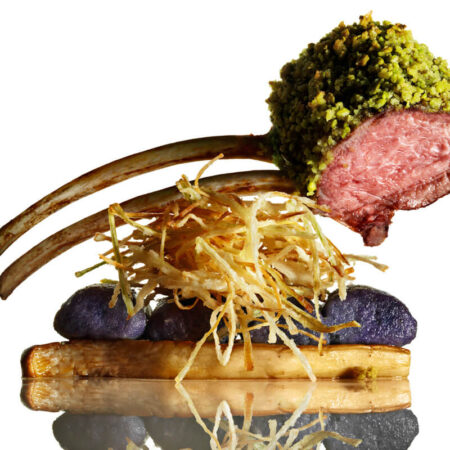 Pistachio Crusted Lamb with Purple Gnocchi and King Oyster Mushroom